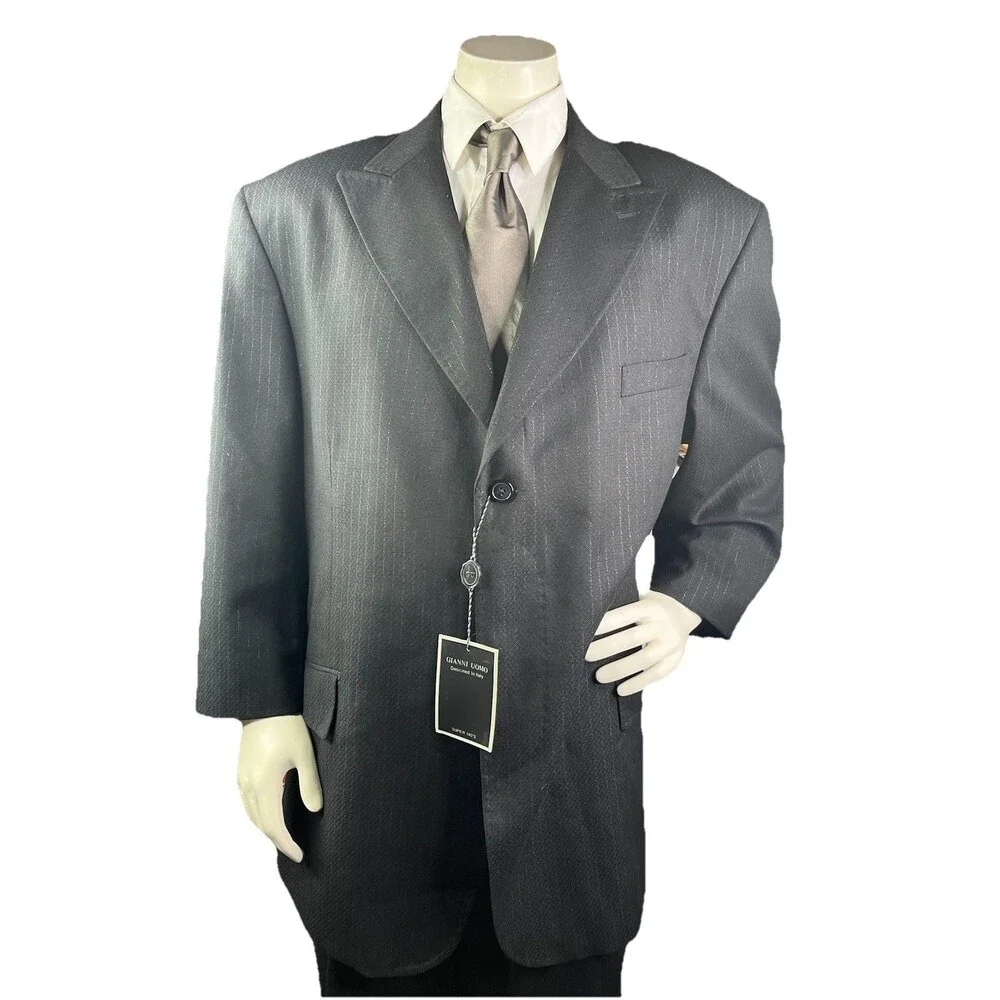Gianni Uomo Suit Designed in Italy 50R 46x30 Super 120 Black Pinstriped Wide Leg